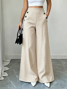 Elenzga Women's Fashionable Commuter Wide Leg Pants - Apricot - View 2
