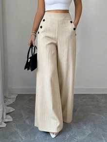 Elenzga Women's Fashionable Commuter Wide Leg Pants - Apricot - View 6