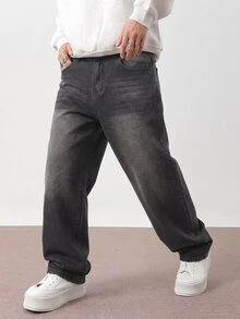 Manfinity KASUA 宽松男士直筒斜口袋休闲牛仔裤 - 深灰色 - 查看 5