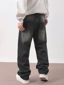 Manfinity KASUA 宽松男士直筒斜口袋休闲牛仔裤 - 深灰色 - 查看 2