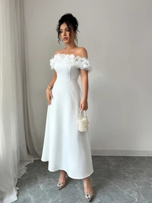 Elenzga 2025 年夏秋新款法式优雅时尚 3D 花卉露肩露肩 A 字白色连衣裙，适合约会、郊游、度假、花园、家庭聚会、劳动节、宴会、派对、婚礼、节日、独立日、返校、教师装、万圣节、感恩节 - 白色 - 查看 6
