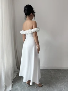 Elenzga 2025 年夏秋新款法式优雅时尚 3D 花卉露肩露肩 A 字白色连衣裙，适合约会、郊游、度假、花园、家庭聚会、劳动节、宴会、派对、婚礼、节日、独立日、返校、教师装、万圣节、感恩节 - 白色 - 查看 2
