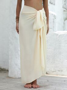 SHEIN Swim Basics Solid Color Knotted High Slit Skirt Coverup For Summer Beach Vacation - Apricot - View 6