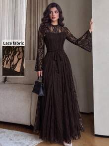 Modelyn Women's Elegant Solid Color Lace Long Sleeve Cinched Waist Waist A-Line Regular Spring/Autumn Dress, Party Dress - Brown - View 1