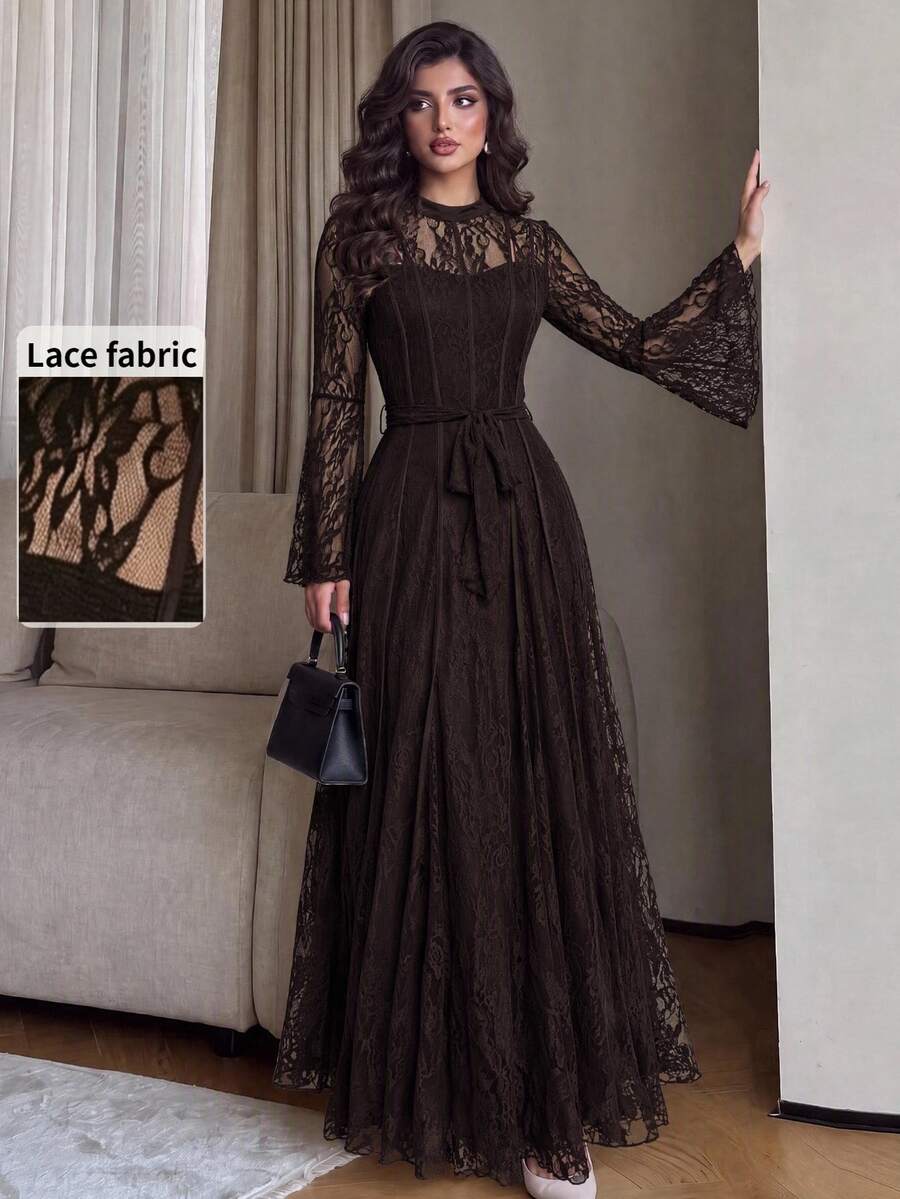 Modelyn Women's Elegant Solid Color Lace Long Sleeve Cinched Waist Waist A-Line Regular Spring/Autumn Dress, Party Dress - Brown - View 1