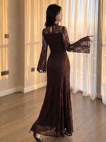 Modelyn Women's Elegant Solid Color Lace Long Sleeve Cinched Waist Waist A-Line Regular Spring/Autumn Dress, Party Dress - Brown - View 2