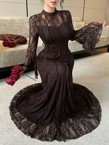 Modelyn Women's Elegant Solid Color Lace Long Sleeve Cinched Waist Waist A-Line Regular Spring/Autumn Dress, Party Dress - Brown - View 5