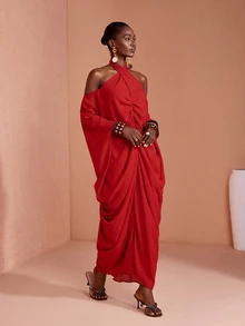 JIAN LASALA Red Chiffon Bat Sleeve Off Shoulder Halter Neck Long Dress - Red - View 7
