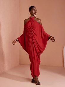 JIAN LASALA Red Chiffon Bat Sleeve Off Shoulder Halter Neck Long Dress - Red - View 3