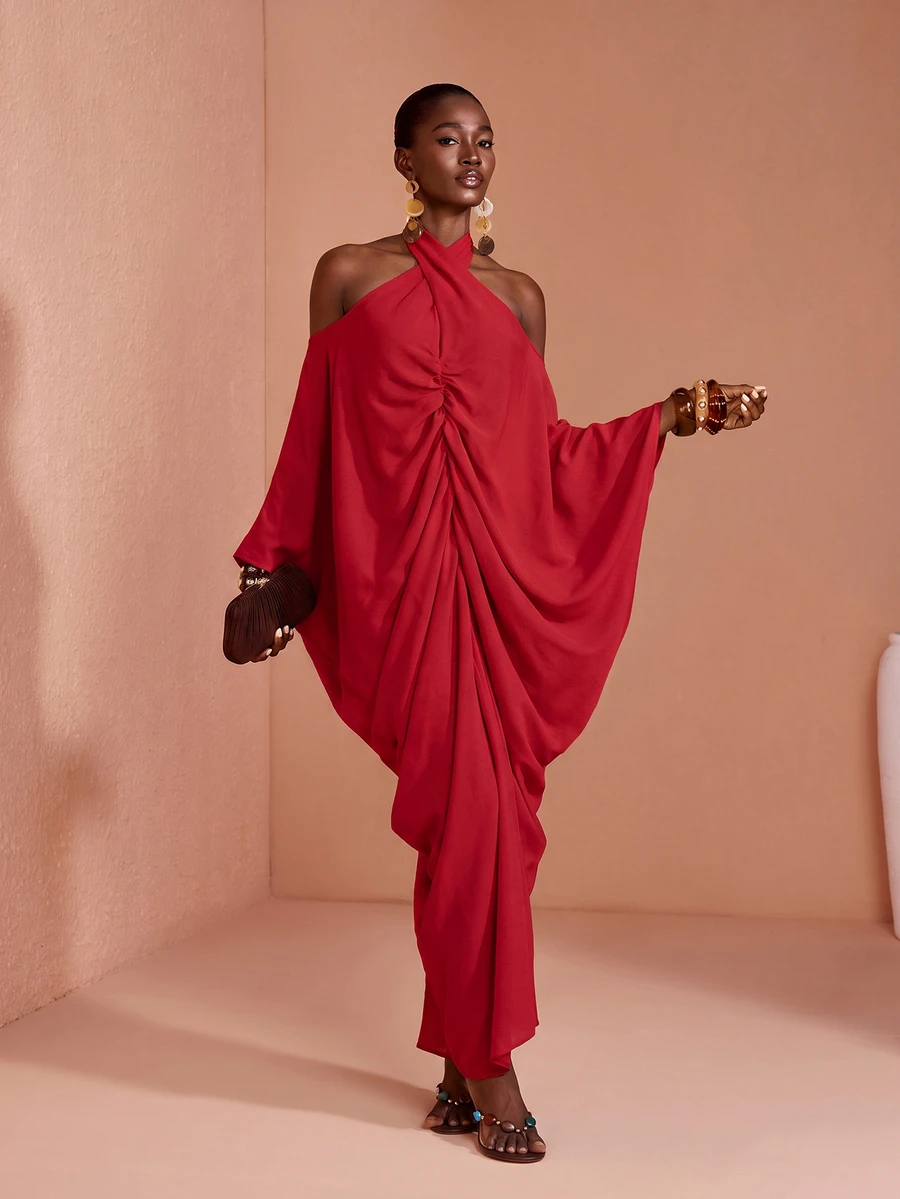 JIAN LASALA Red Chiffon Bat Sleeve Off Shoulder Halter Neck Long Dress - Red - View 1