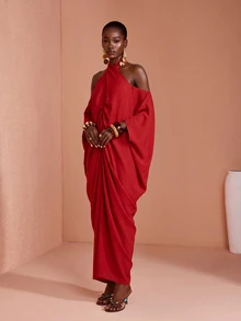 JIAN LASALA Red Chiffon Bat Sleeve Off Shoulder Halter Neck Long Dress - Red - View 6