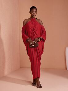JIAN LASALA Red Chiffon Bat Sleeve Off Shoulder Halter Neck Long Dress - Red - View 4