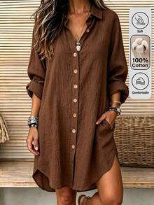 Holdful Holdful Women's Autumn Casual Solid Color Front Button Dress - Brown - View 1