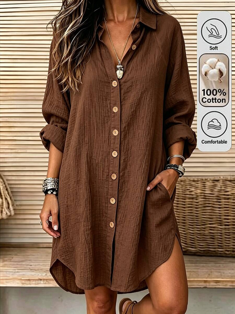 Holdful Holdful Women's Autumn Casual Solid Color Front Button Dress - Brown - View 1