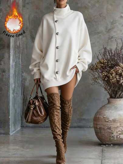 SHEIN Gaun Sweatshirt Wanita Terbaru Musim Gugur/Dingin Putih dengan Desain Kancing, Longgar, Elegan, Kasual, Cocok untuk Perjalanan Sehari-hari, Liburan, Pesta, Kencan, dan Acara Kumpul-kumpul.