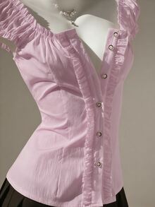 Elamini Women's Minimalist Sweet Fresh Ruffled Off-Shoulder Petal Sleeve Blouse, Spring/Summer - Baby Pink - View 6