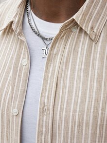 Manfinity CasualCool 男士薄款仿亞麻紋理條紋休閒長袖襯衫，適合日常穿著、辦公室秋季、正式場合 - 卡其色 - 查看 3