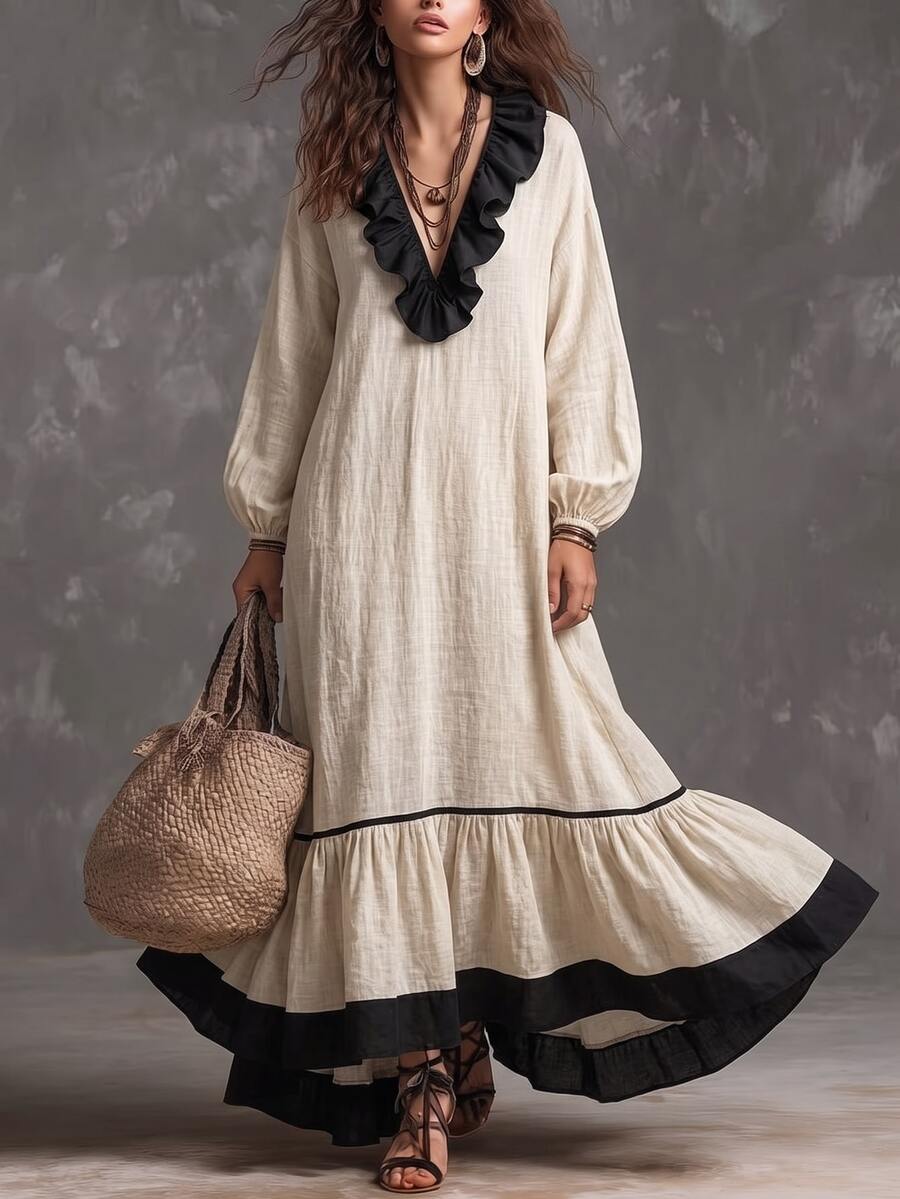 SHEIN Slouchy Contrast Color Ruffle V-Neck Pullover Dress For Women 3/4 Lantern Sleeve Textured Fabric Loose A-Line Plus Size Patchwork Fishtail Hem - Apricot - View 1