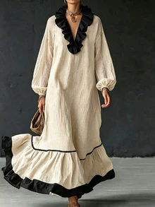 SHEIN Slouchy Contrast Color Ruffle V-Neck Pullover Dress For Women 3/4 Lantern Sleeve Textured Fabric Loose A-Line Plus Size Patchwork Fishtail Hem - Apricot - View 4