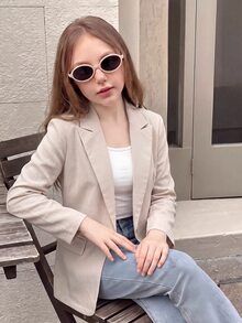 SHEIN 青少年女孩優雅休閒藍白條紋亞麻西裝外套，大翻領、百褶設計與七分袖，適合春夏/秋冬日常穿著 - 卡其色 - 查看 3
