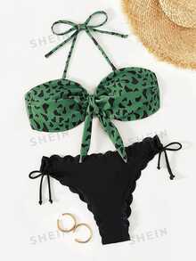 SHEIN Swim Summer Beach Graphic Print Knot Front Bandeau Tie Side Bikini Set - Dark Green - View 6