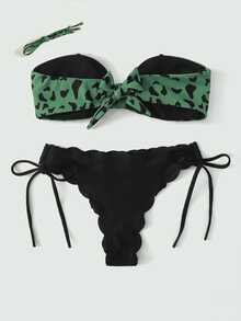 SHEIN Swim Summer Beach Graphic Print Knot Front Bandeau Tie Side Bikini Set - Dark Green - View 7