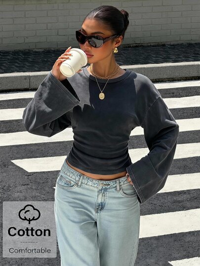 Muchica T-shirt court à manches longues pour femmes, noir vintage délavé, taille cintrée, nouveau pour l'automne/hiver, pour sortir, streetwear, vêtements d'hiver pour femmes