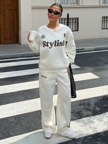 Muchica 淺黃色與棕色拼接字母印花織帶拼接運動衫 2 件套，適合日常通勤、街頭穿搭、聚會、秋冬春夏、聖誕節、新年、感恩節、派對、畢業典禮、優雅、外出、約會、通勤、情人節、Y2K、畢業典禮等場合 - 彩色 - 查看 5