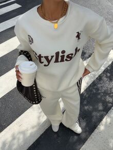 Muchica 淺黃色與棕色拼接字母印花織帶拼接運動衫 2 件套，適合日常通勤、街頭穿搭、聚會、秋冬春夏、聖誕節、新年、感恩節、派對、畢業典禮、優雅、外出、約會、通勤、情人節、Y2K、畢業典禮等場合 - 彩色 - 查看 6