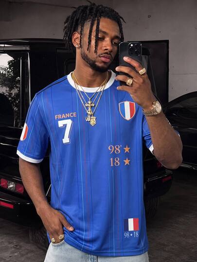 Manfinity RebelGame Retro American And White Drop Shoulder T-Shirt With Print, Summer Casual Streetwear Crew Neck Graphic Tee For Men's, Men's Graphic T Shirt