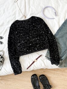 SHEIN Tween Girl Solid Color Long Sleeve Sequin Open Front Jacket, Autumn/Winter - Black - View 6