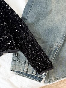 SHEIN Tween Girl Solid Color Long Sleeve Sequin Open Front Jacket, Autumn/Winter - Black - View 4