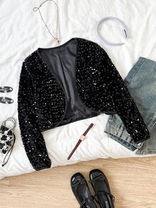 SHEIN Tween Girl Solid Color Long Sleeve Sequin Open Front Jacket, Autumn/Winter - Black - View 2