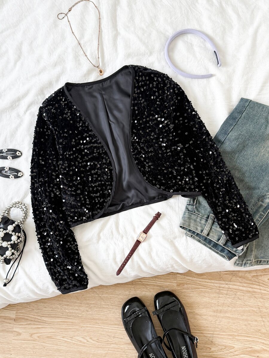 SHEIN Tween Girl Solid Color Long Sleeve Sequin Open Front Jacket, Autumn/Winter - Black - View 1