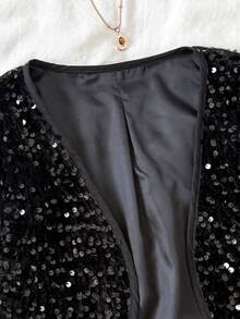 SHEIN Tween Girl Solid Color Long Sleeve Sequin Open Front Jacket, Autumn/Winter - Black - View 3