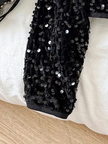 SHEIN Tween Girl Solid Color Long Sleeve Sequin Open Front Jacket, Autumn/Winter - Black - View 5
