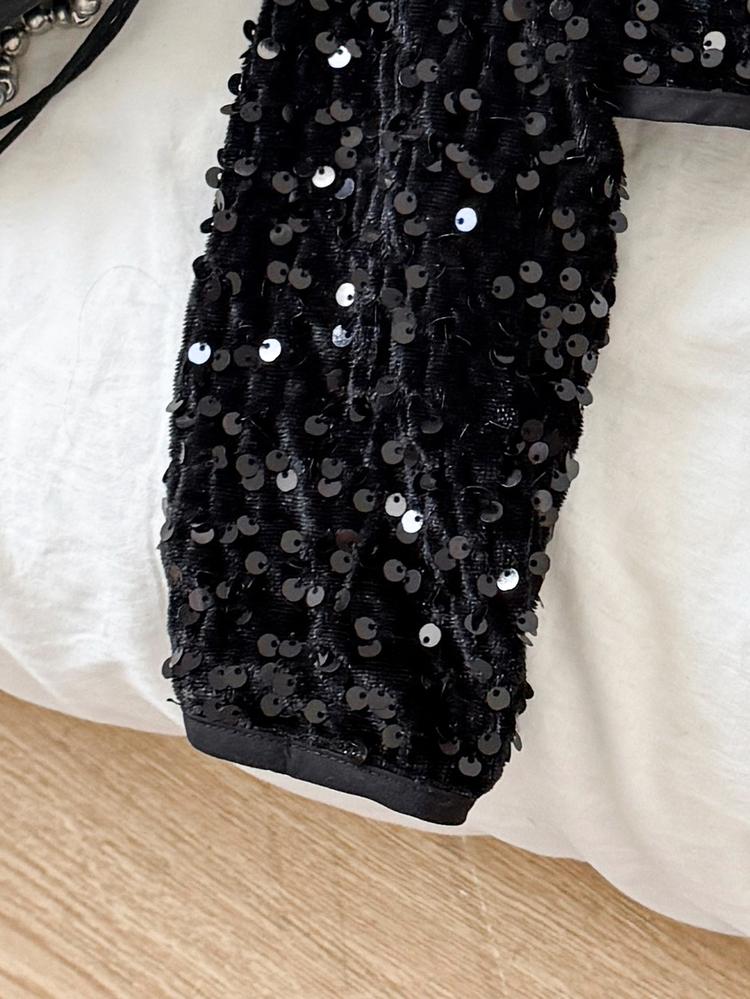 SHEIN Tween Girl Solid Color Long Sleeve Sequin Open Front Jacket, Autumn/Winter - Black - View 5