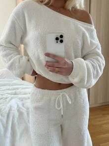 CovetEZ Women's Solid Color Fuzzy Long Sleeve Top And Wide Leg Pants 2 Pieces Set - White - View 3