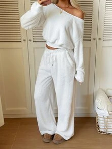 CovetEZ Women's Solid Color Fuzzy Long Sleeve Top And Wide Leg Pants 2 Pieces Set - White - View 5
