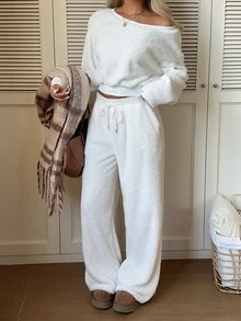 CovetEZ Women's Solid Color Fuzzy Long Sleeve Top And Wide Leg Pants 2 Pieces Set - White - View 9