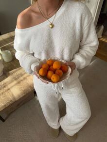 CovetEZ Women's Solid Color Fuzzy Long Sleeve Top And Wide Leg Pants 2 Pieces Set - White - View 1
