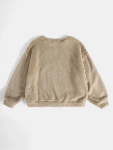 SHEIN 女童休閒雙面絨毛寬鬆落肩連帽衛衣 + 字母織帶絨毛收口長褲套裝，適合日常穿著、居家、外出、上學，秋冬保暖絨毛套裝，兒童秋冬穿搭 - 杏色 - 查看 5