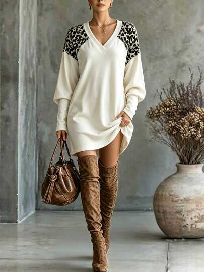 Louniche European And American Autumn/Winter Women's Colorblock Leopard Print Drop Shoulder Loose Knit Mini Dress, Slimming V-Neck Casual Everyday Versatile Knit Dress