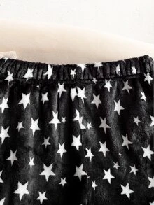 SHEIN 女童睡衣 套裝 青少女秋冬日常休閒優雅家居服 長袖長褲 發光白色雲朵笑臉睡眠符號刺繡圖案與星空圖案 刷毛組合套裝 童裝 - 黑色 - 查看 3
