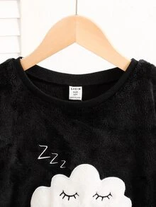 SHEIN 女童睡衣 套裝 青少女秋冬日常休閒優雅家居服 長袖長褲 發光白色雲朵笑臉睡眠符號刺繡圖案與星空圖案 刷毛組合套裝 童裝 - 黑色 - 查看 5