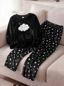 SHEIN 女童睡衣 套裝 青少女秋冬日常休閒優雅家居服 長袖長褲 發光白色雲朵笑臉睡眠符號刺繡圖案與星空圖案 刷毛組合套裝 童裝 - 黑色 - 查看 9