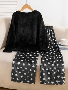 SHEIN 女童睡衣 套裝 青少女秋冬日常休閒優雅家居服 長袖長褲 發光白色雲朵笑臉睡眠符號刺繡圖案與星空圖案 刷毛組合套裝 童裝 - 黑色 - 查看 12