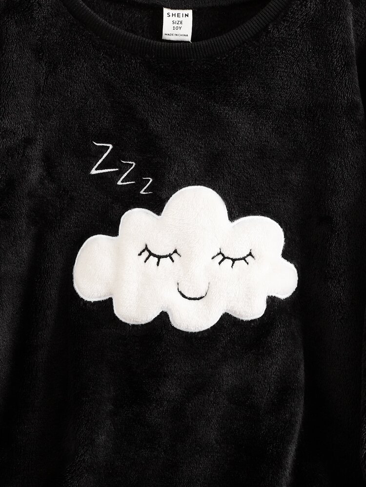 SHEIN Girls Pajamas Tween Girl Autumn/Winter Daily Casual Elegant Loungewear Long Sleeve Long Pants Glow-In-The-Dark White Cloud Smile Sleep Symbol Embroidered Pattern And Starry Sky Pattern Fleece Combination Set Kids - Black - View 6