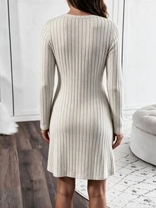 Louniche European And American Autumn/Winter Fuzzy Ribbed Soft Comfortable Long Sleeve Mid-Length Dress With Side Wooden Button Decoration And Pockets, Loose Casual Versatile A-Line Women's Dress - Apricot - View 3