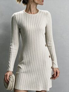 Louniche European And American Autumn/Winter Fuzzy Ribbed Soft Comfortable Long Sleeve Mid-Length Dress With Side Wooden Button Decoration And Pockets, Loose Casual Versatile A-Line Women's Dress - Apricot - View 5